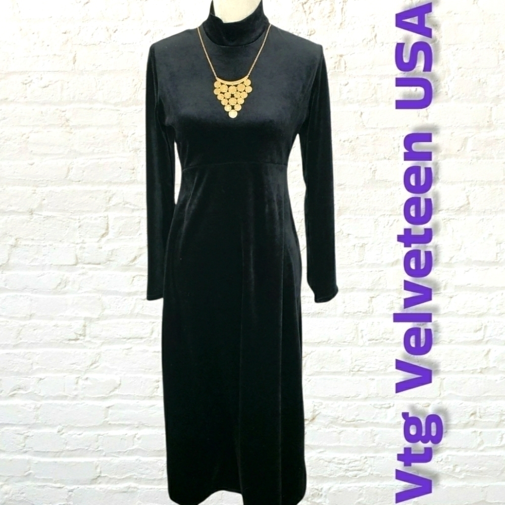 VINTAGE Y2K Black Velveteen Midi Dress Made in USA by Tiff Tiff Dress S EUC - Picture 1 of 14